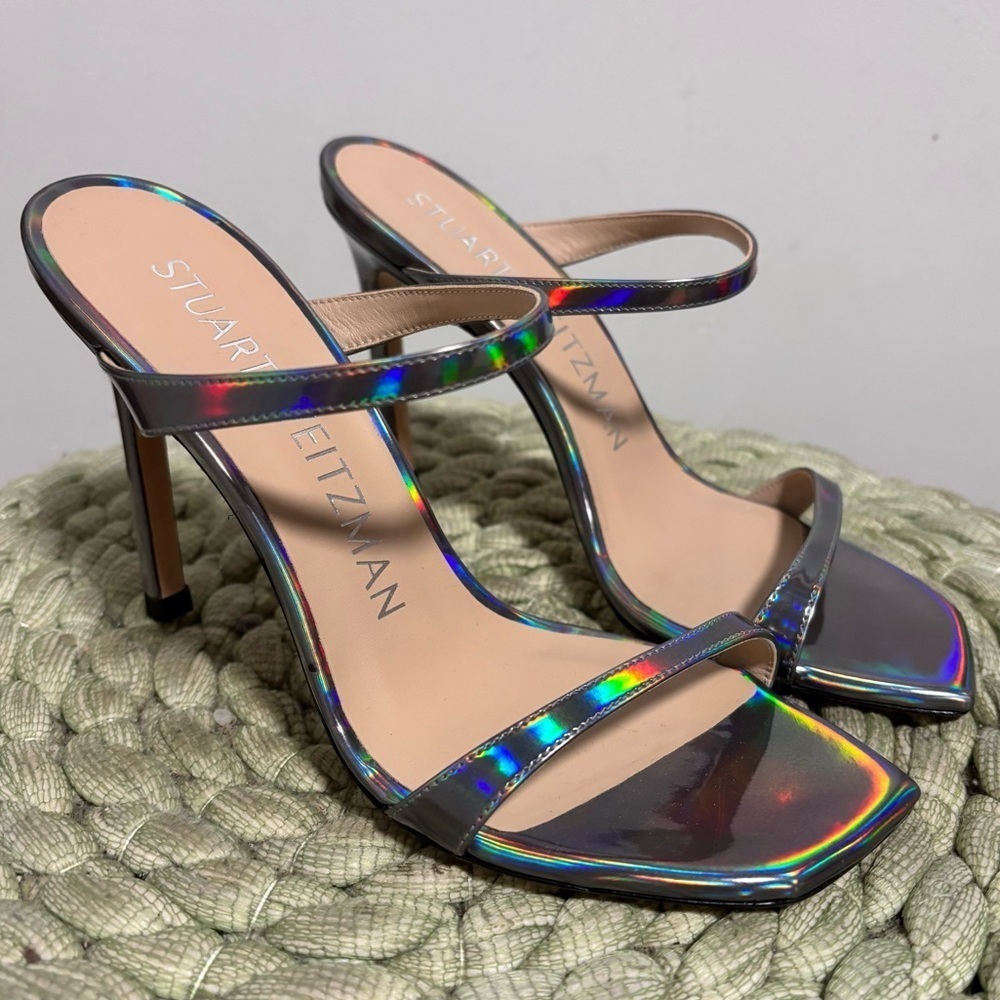 NEW Stuart Weitzman Aleena 100 Silver Hologram Square Toe Slip On Sandal Heels